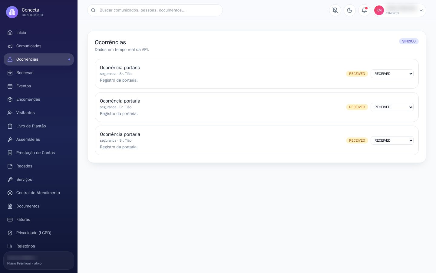 Tela do Conecta: Ocorrências e solicitações