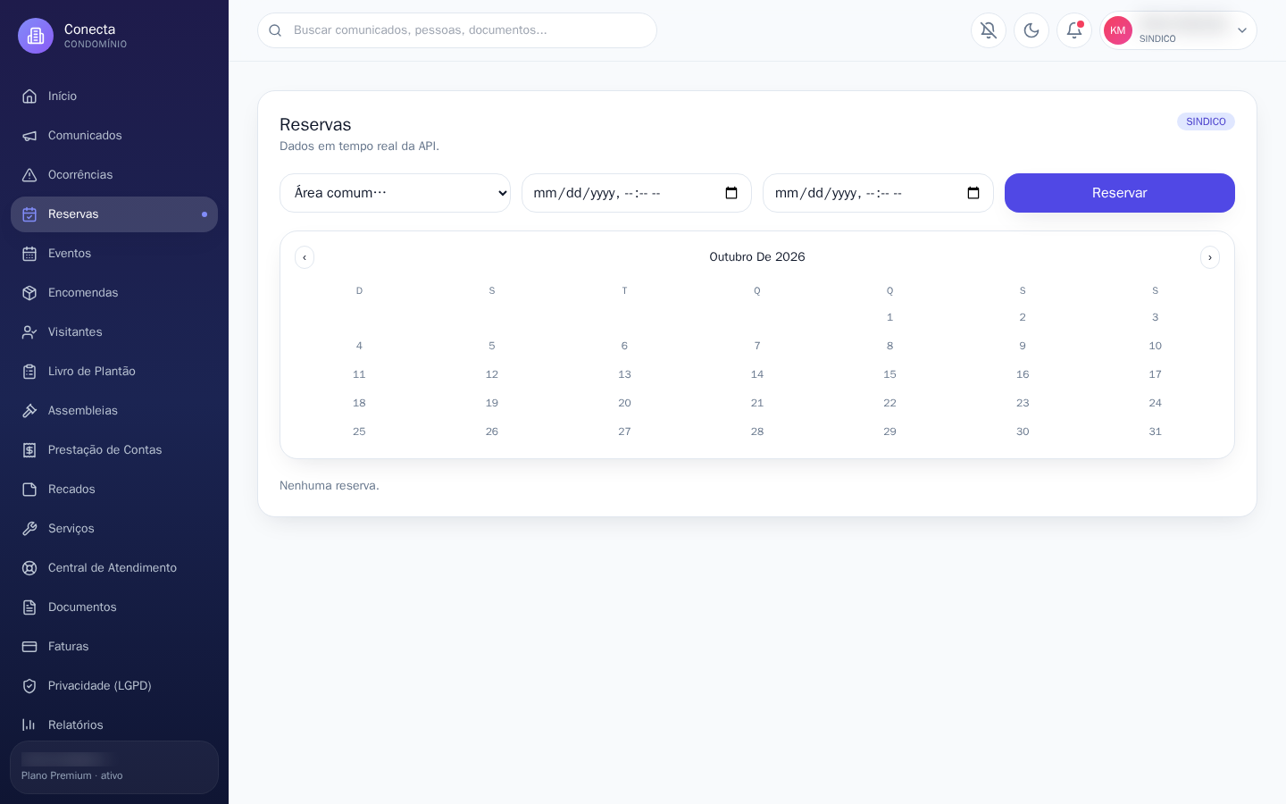 Tela do Conecta: Reservas de áreas comuns